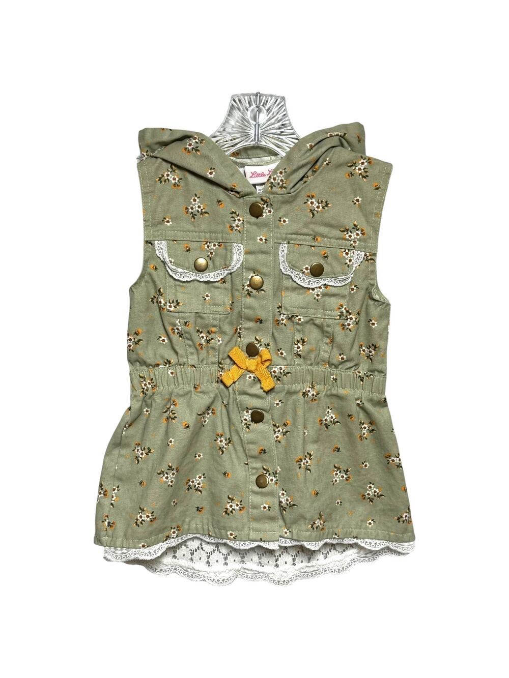 Little Lass Cotton Hooded Vest Lace Sage Green Floral 5